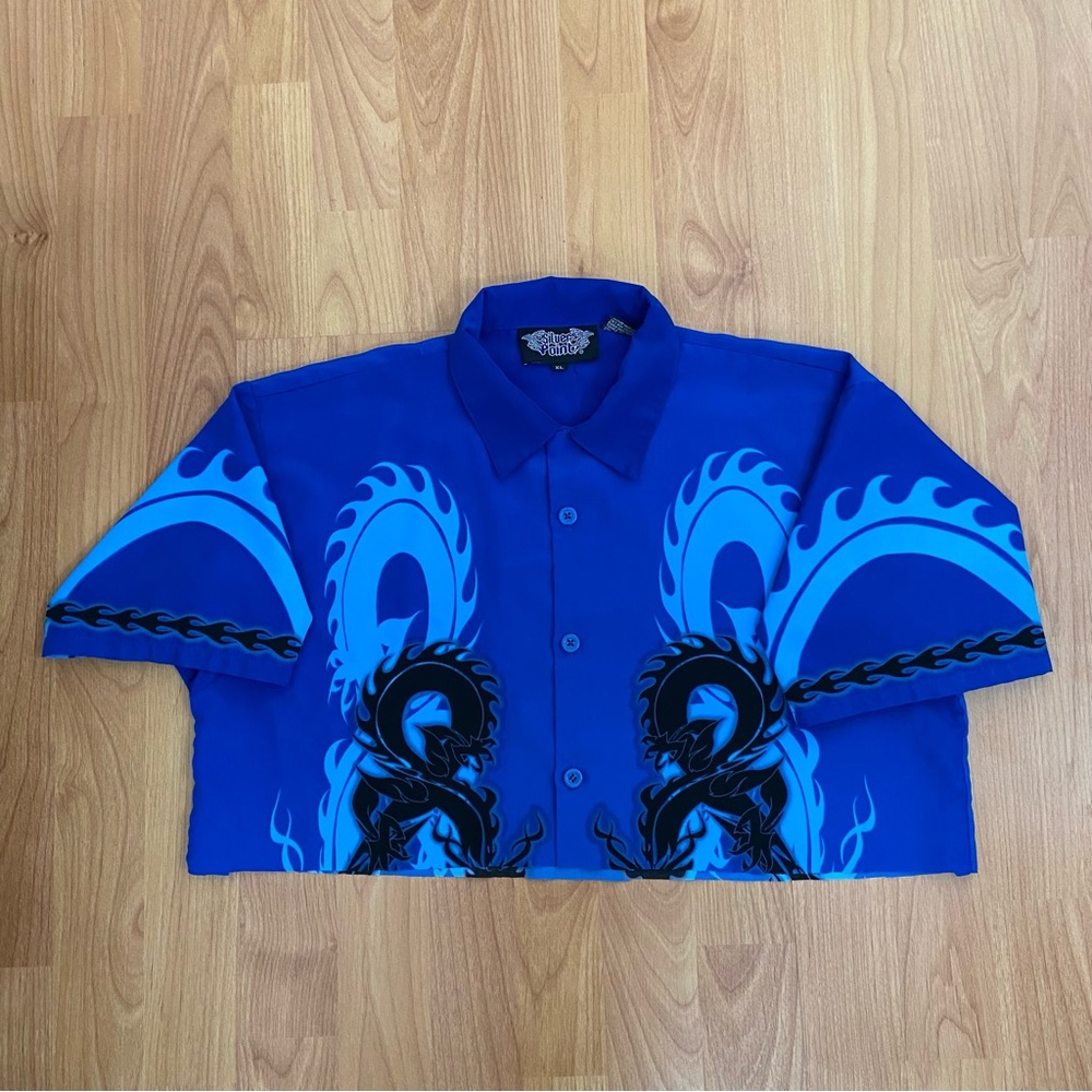 Vintage Silver Point Y2K Dragon Button Up Crop Top Raw Hem Shirt Size XL